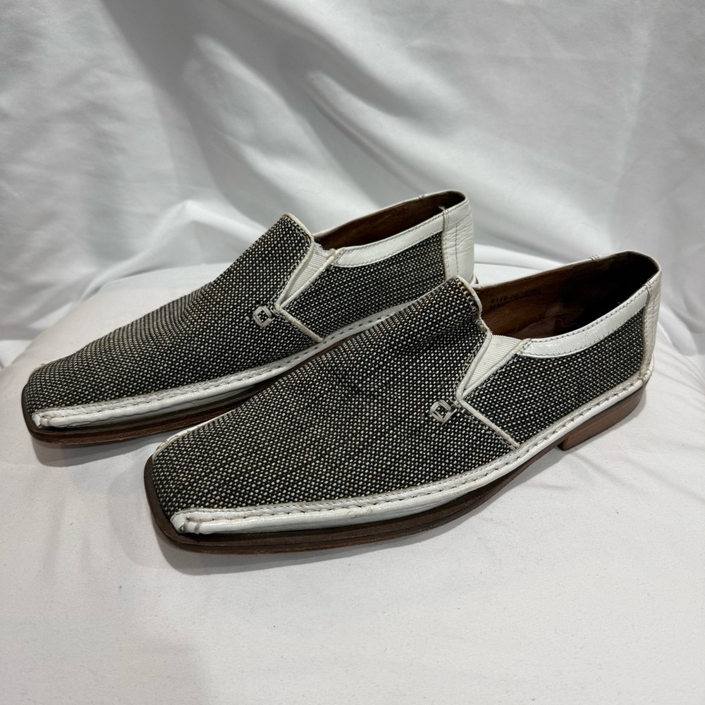 Fratelli Footwear Black White Woven Leather Slip-On Loafers Size 8.5M Square Toe